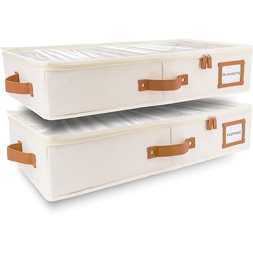 HOMELUX THEORY 2pc Under Bed Storage Containers, Bedroom Under the Bed Drawer Storage Organizer with Bins and Lids, Large Underbed Clothes Storage Box Ideal for Blanket, Fabric, & Shoes (Ivory)
