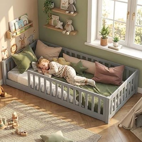 Twin Floor Bed with Rails,Rubber Wood Montessori Bed with Support Slats, Kids Twin Bed Frames for Girls Boys,No Box Spring Needed, Grey