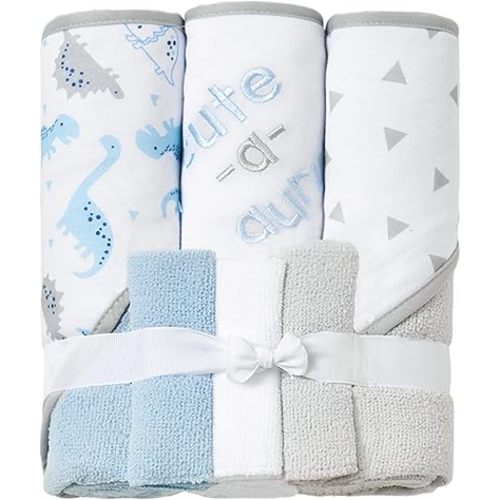 Viviland Baby Towels and Baby Wash Cloths Set Hooded Baby Towels Baby Wipes Absorbent Bath Face Towels Burp Cloths or Face Towels for Girl Boy 6-Pack Size 28 x 28 Inch(Dinosaur)
