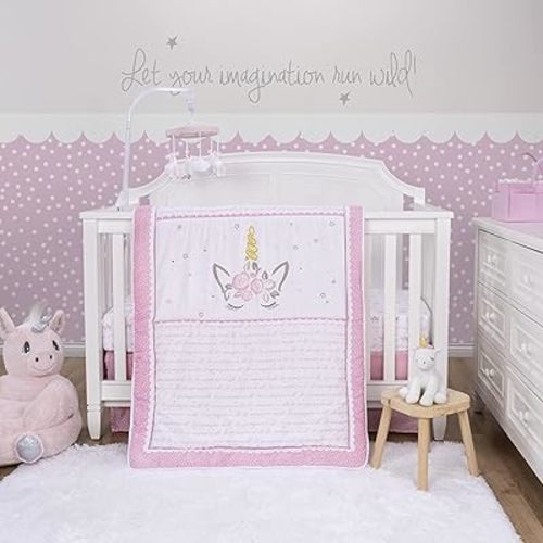 Sammy & Lou Mystical Dreams 4-Piece Baby Nursery Crib Bedding Set for Girls, Includes Quilt, Fitted Crib Sheet, Crib Skirt, and Plush Toy
