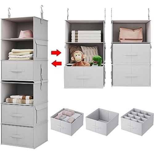 Vailando 6-Shelf Hanging Closet Organizer, 2 Separable 3-Shelf Hanging Shelves with 3 Drawers for Wardrobe, Nursery, Baby Clothes Organization and Storage