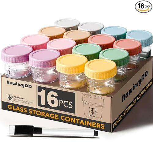 RowinsyDD 16 Pack Glass Baby Food Storage Containers, 4 oz Leakproof Baby Food Jars with Lids, Small Glass Food Containers for Infant Baby, Freezer & Microwave Safe, BPA Free