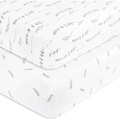 Pack and Play Sheet 2 Pack - Pack and Play Sheets Fitted with 100% Jersey Cotton - Pack N Play Mattress Sheets for Boys and Girls, Newborn Essentials (Neutral Forest Grey Floral and Leaves)