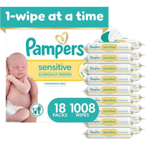 Pampers Sensitive Baby Wipes, Clinically Proven, Fragrance Free, Unscented, Water Based, Hypoallergenic, Multi-Use, Hand Wipes 1008 Wipes Total (18X Flip-Top Packs) [Packaging May Vary]