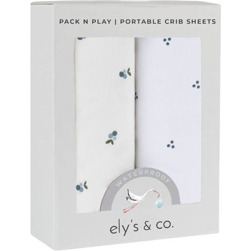 Ely's & Co. Patent Pending Waterproof Pack and Play Sheets, 100% Cotton with Waterproof Lining – 2 Pack Fitted Mini Crib Sheet Set, Berry and Cluster Dot (Blue) 38” x 24”