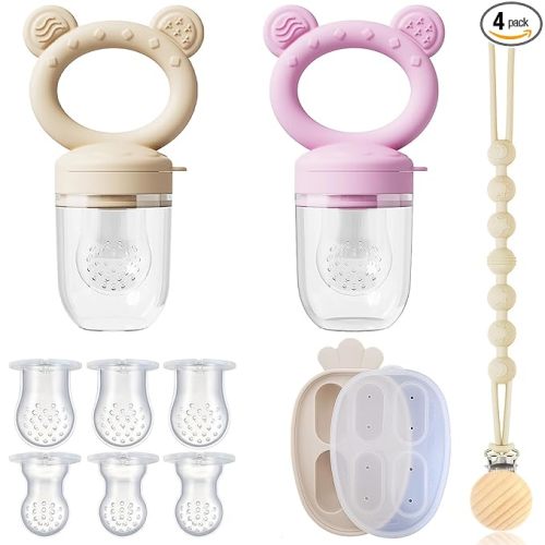 4 Pack Stylish Anti-Drop Fruit Pacifier Feeder, Breastmilk Popsicle Molds for Teething with Lids, Teether Pacifier, The Perfect Food Feeder, Silicone Feeder Teethers, Baby Teether, Baby Fruit Feeder