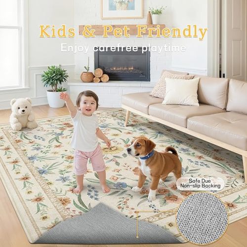 Beige Floral Area Rug 5x7,Neutral Washable Girls Bedroom Rug for Nursery, Playroom or Kids Room,Soft Non-Slip Carpet for Baby Room and Modern Home Decor