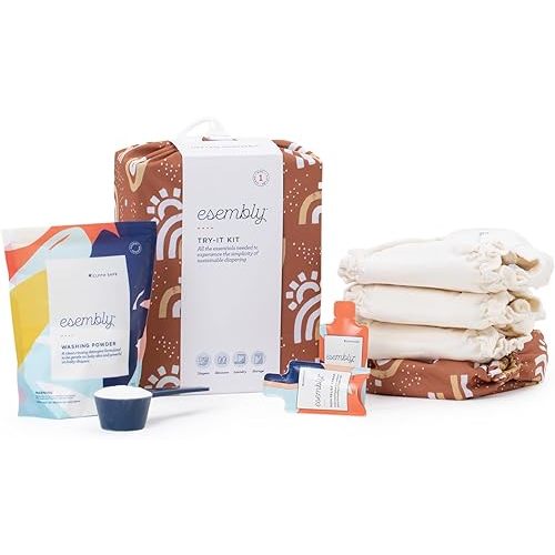 Esembly Try-It Kit - Cloth Diaper Starter Set with Organic Cotton Diapers, Waterproof Diaper Cover, Wet Bag, and Laundry Detergent - Sunshower, Size 2 (18-35lbs)