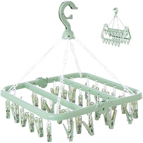 Clothes Drying Rack with 32 Clips, Foldable Hanging Rack, 360° Rotatable Hook for Drying Socks Baby Clothes Towels Gloves(Light Green)