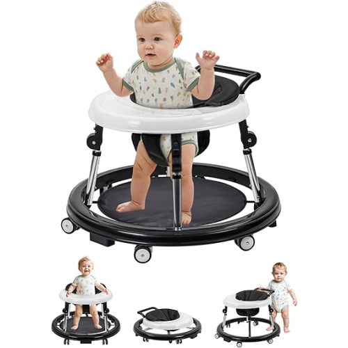 Baby Walker with Wheels: Adjustable Height & Foldable Design, Mute Wheels & Anti-Rollover Feature, Includes Footrest, Perfect for Boys & Girls 6-18 Months