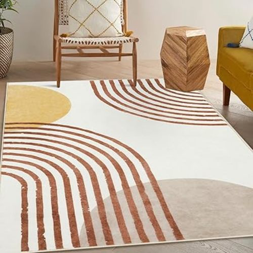 Wonnitar Boho Rugs for Living Room, 5x7 Area Rug for Bedroom,Washable Nursery Rugs Non-Slip Kids Room Throw Carpet, Soft Abstract Rainbow Low Pile Mat for Dorm Playroom Home Office (Orange,5'x7')