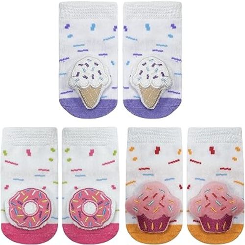 PUPPET Baby Girl Rattle Socks for 0-6 Months Dessert Themed Set Ice Cream Donut Cupcake Infant Adorable Socks Series