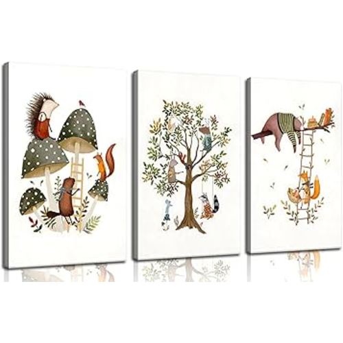 3Pcs Woodland Safari Animals Nursery Canvas Wall Art Whimsical Jungle Animal Wall Decor Pictures Watercolor Forest Animal Kids Posters Prints for Classroom Baby Children's Bedroom Decoration