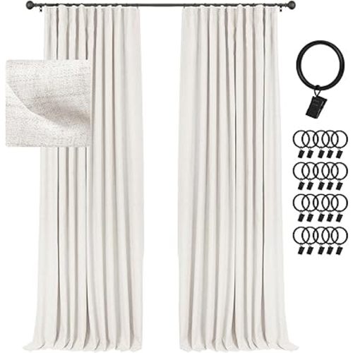 INOVADAY 100% Blackout Curtains for Bedroom 84 Inches Long, Clip Rings/Rod Pocket Black Out Curtains 2 Panels Set, Thermal Insulated Linen Blackout Curtains & Drapes for Living Room-W50 x L84, Beige