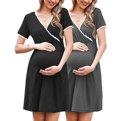 Ekouaer Nursing Nightgown 2 Packs Delivery and Labor Gown for Hospital Short Sleeve Maternity Breastfeeding Dress