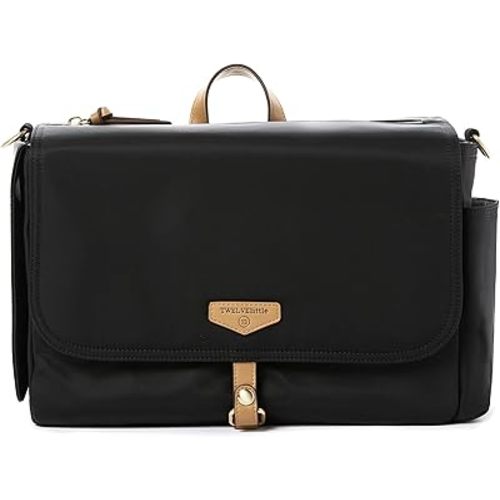 TWELVElittle On-The-Go Stroller Caddy 3.0 - Travel Style Diaper Bag, Messenger Diaper Bag, Includes Stroller Clips and Changing Pad - Black Tan