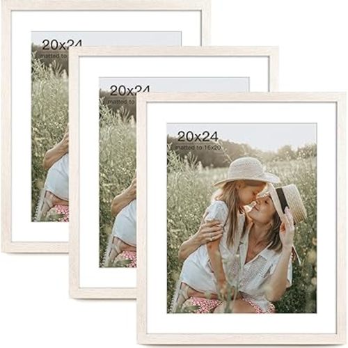 Momentworth 20x24 Picture Frame with Mat for 16x20 Set of 3, Rustic White Wood Grain 20x24 Frame for Wall Mounting (3 Pack, White)