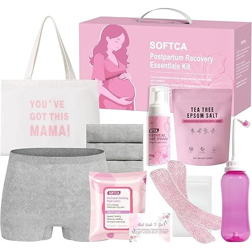 Postpartum Essentials Kit - Peri Bottle,Perineal Ice Packs,Perineal Healing Foam,Disposable Underwears,Cooling Pad Liners,Bath Salts,Canvas Bag,Card,Postpartum Gifts for Mom