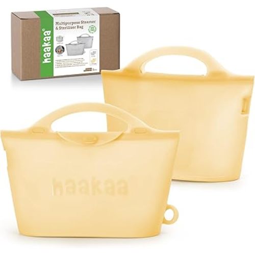 Haakaa Silicone Microwave Steamer & Steriliser Bag, 2000ml Large Capacity Reusable Steaming Bags for Baby Bottles/Breast Pump/Accessories/Pacifiers/Teethers,Great for Home and On-The-Go,Pineapple/2PCS