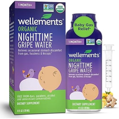 Wellements Organic Nighttime Gripe Water for Babies 1 Month+ (4 Fl Oz) - Baby Gripe Water for Bedtime Relief Gas, Colic & Fussiness - Herbs Promote a Peaceful Night’s Sleep - USDA Certified & Non GMO