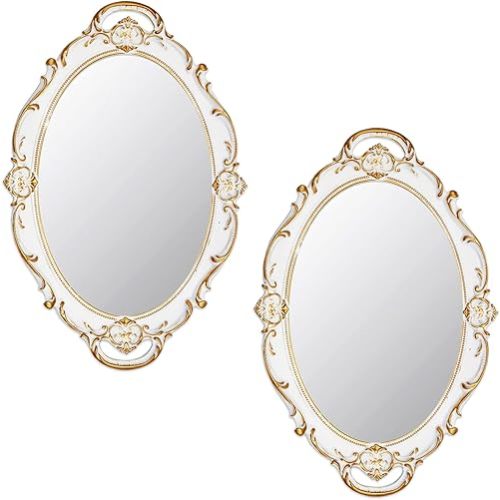 Eaoundm 14.5 x 10 inchs Oval Antique Decorative Wall Mirror Vintage Hanging Mirror (White 2 Pcs)