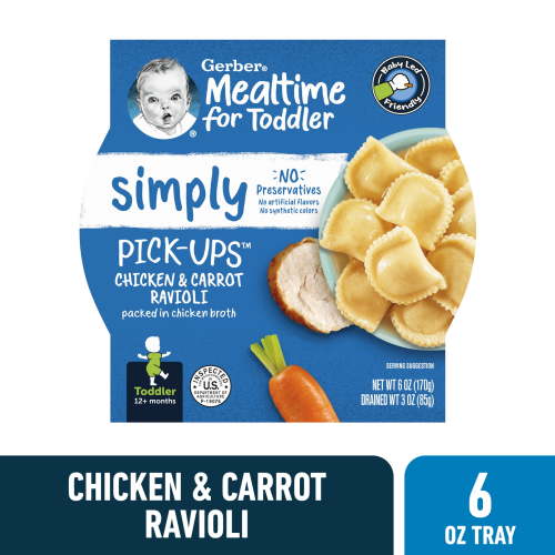Gerber Toddler Food, Chicken & Carrot Ravioli Pasta Pick Ups, 6 Oz Tray
