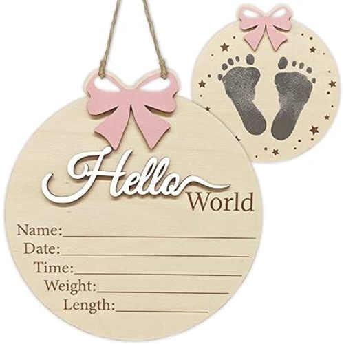 Pink Bow Baby Announcement Sign, 3D Hello World Newborn Sign and Footprint Sign for Newborn Photo Prop Baby Shower and Nursery Gift (Pink)