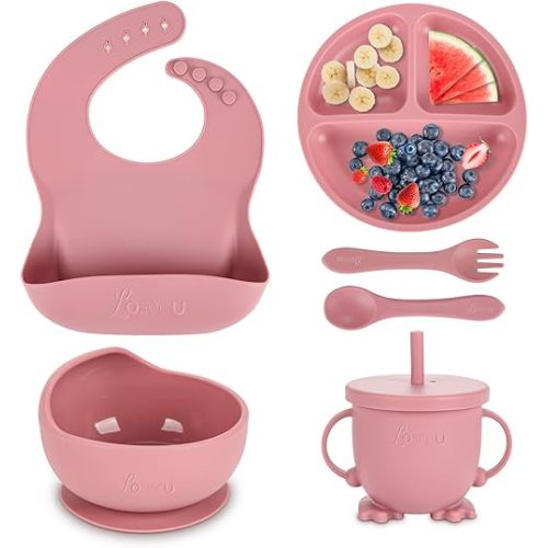 Silicone Baby Feeding Set|Baby Led Weaning Supplies Set|Suction Baby Plate Bowl Set with Bib Spoon Fork Sippy Cup|Baby Feeding Eating Supplies Set BPA Free