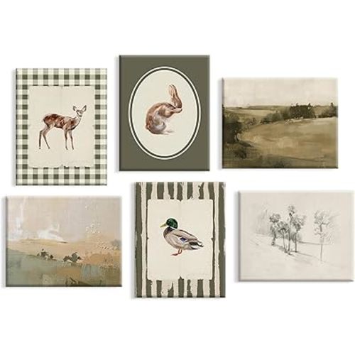Vintage Nursery Wall Art Baby Boy Room Canvas Wall Decor Hunting Animal Prints Kids Poster Deer Duck Pictures Nursery Neutral Artwork Rabbit Painting for Children Bedroom 8x10 Inch Ready to Hang 6Pcs