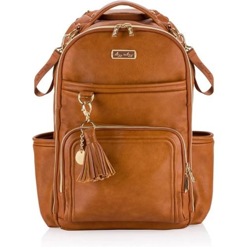 Itzy Ritzy Diaper Bag Backpack – Large Capacity Boss Plus Baby Backpack Diaper Bag Featuring 19 Pockets, Changing Pad, Stroller Clips, and Comfortable Backpack Straps, Cognac