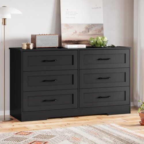 Black Dresser with 6 Drawers Wood Chest of Drawers Double Dresser Storage Cabinet for Bedroom Closet Living Room