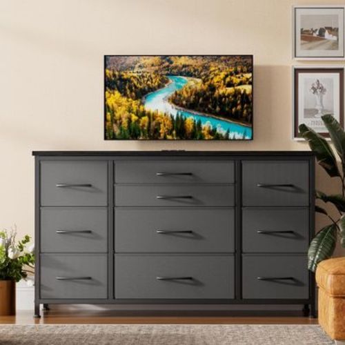 Wooden Dresser For Bedroom, Wide Dresser With 10 Drawers, 55 Inch Tv Stand With Power Outlet