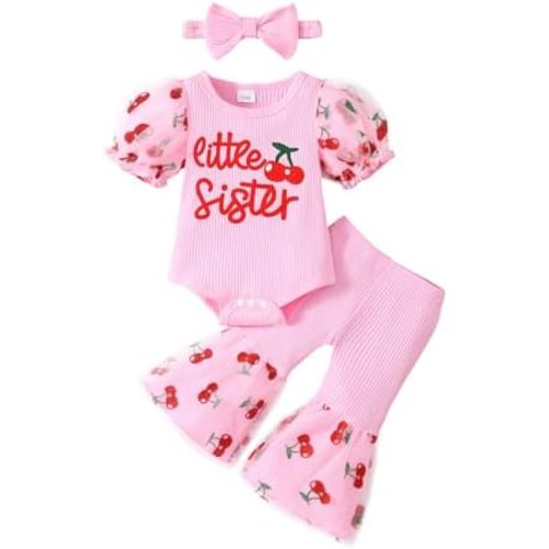 Newborn Baby Girl Clothes Infant Summer Bell Bottoms Outfits Puff Sleeve Romper Mesh Flare Pants Sets Headband