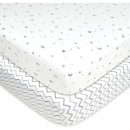 American Baby Company 100-Percent Cotton Value Jersey Knit Fitted Pack N Play Sheet, Grey Stars and Zigzag, 2 Count (Pack of 1)