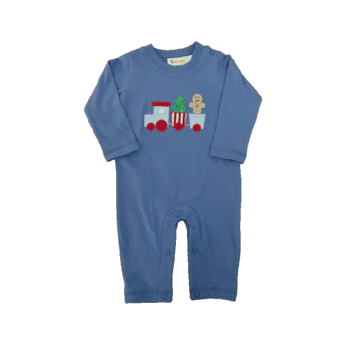 Christmas Train Applique and Crochet Romper Dark Chambray