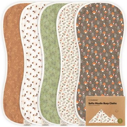 KeaBabies 5pk Organic Softe Muslin Burp Cloths for Baby Girls and Boys, Large Absorbent Burping Cloths for Babies, Baby Burp Clothes (Fall Spores)