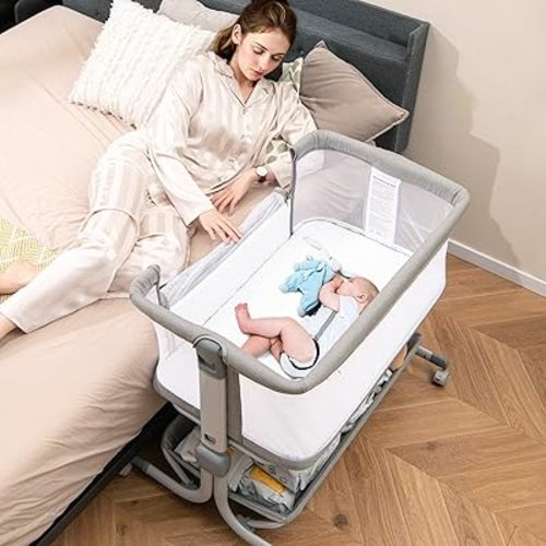 INFANS 3 in 1 Baby Bassinet, Bedside Sleeper with Comfy Mattress, Wheels, 6 Height Adjustable, Storage Basket, Travel Bag, Portable All Mesh Crib for Newborn Infant (Gray)