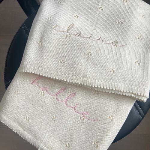 Personalized Knit Baby Blanket: Pointelle Swaddle, Newborn Gift, baby announcement, baby shower, Arabic Hebrew embroidery, baptism
