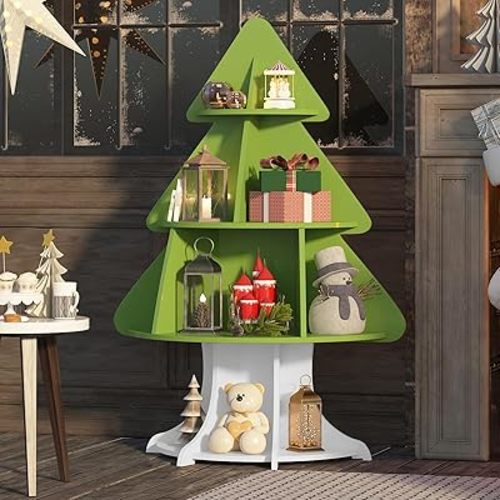 Christmas Tree 4 Tiers Kids Bookshelf Toddler Bookcase Baby Book Rack Children Wood Toy Storage Organizer Display Stand Shelf for Nursery Playroom Bedroom Classroom Living Room Home Office Boy Girl