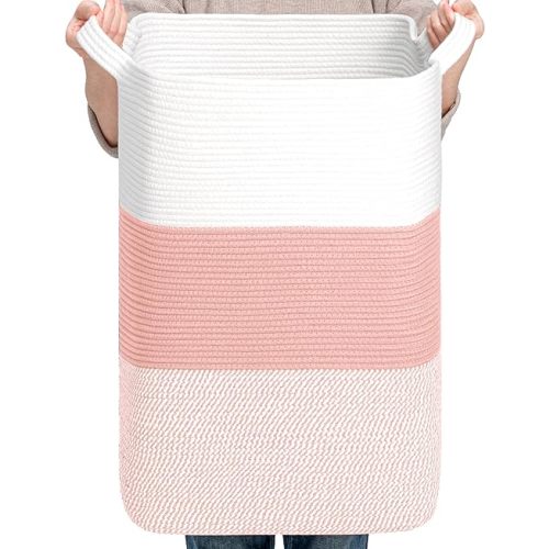 CLHMILY&Z 95L Laundry Basket Rectangular Pink Rope - 16x15x24 Inches - Dirty Clothes and Soft Storage Bin for Blankets, Toys, and Nursery Essentials