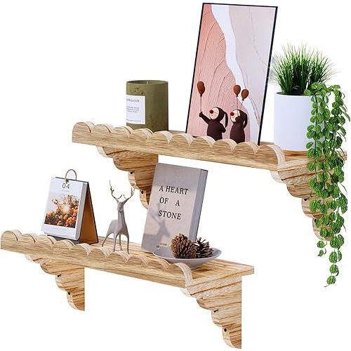 QsQueen Scalloped Wood Wall Shelf – 17 Inch Floating Shelf with Wood Brackets, Easy to Install Rustic Wall Shelf for Living Room, Bedroom, Bathroom, or Any Space - Light Brown