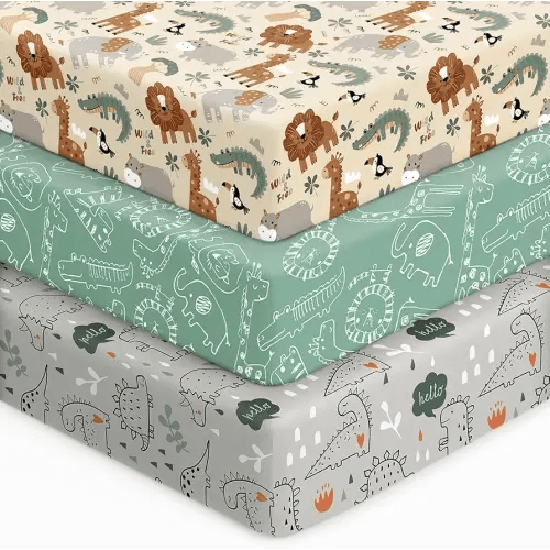 Unnivoll Baby Crib Sheets for Boys Girls, 28x52x8in Fitted Crib Sheet Neutral 3 Pack for Standard Crib and Toddler Mattress, Breathable Soft Microfiber Baby Sheet Green & Apricot Lion