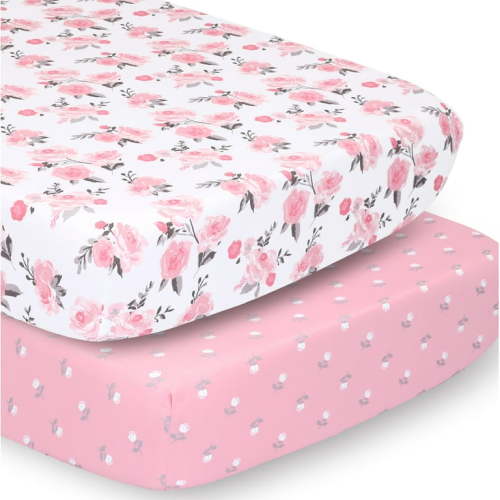 Peanutshell Nursery Mini Crib Sheet Set for Baby Girls, Pink Roses, Ditsy Floral, 2 Pack