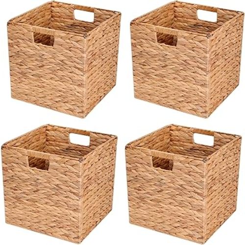 Water Hyacinth Storage Baskets,Woven Bins for Bathroom, Bedroom, Laundry, Pantry, Shelves,Set of 4 Foldable Cube Organizers, 11.2"x11.2"x11.2"
