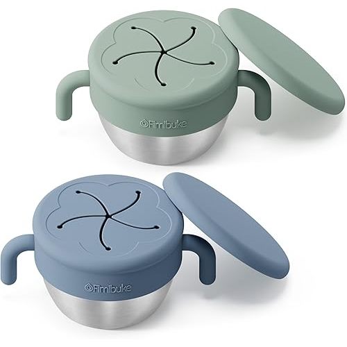 Fimibuke Snack Containers for Toddlers Kids, 12 OZ Spill Proof Stainless Steel Baby Snack Cups with Removable Silicone Food Catcher, Handles & Travel Lid BPA-Free Dishwasher Safe Food Container 2 Pack