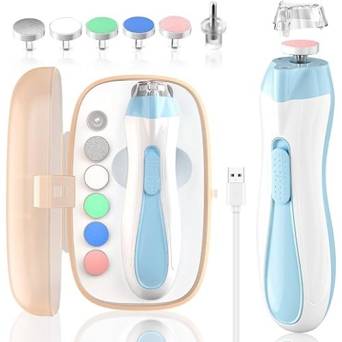 Baby Nail File Electric Baby Nail Care Set with LED Light, Baby Nail Clipper Electric for Newborn/Infants/Adults Toenails and Fingernails, 7 Grinding Head Replacement Pads, Blue