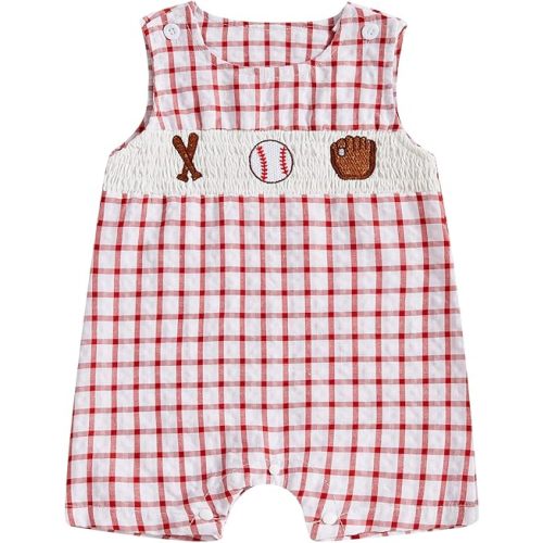 Chloefairy Newborn Baby Boy Girl Baseball Outfit Sleeveless Overalls Romper Smocked Baseball Bubble Summer Plaid Bodysuit