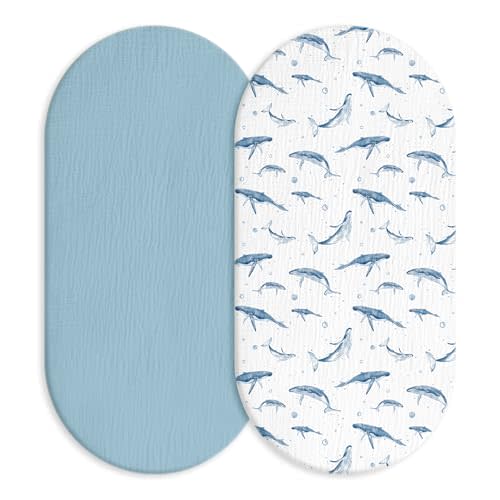 Muslin Bassinet Sheets 2 Pack, Universal Cotton Fitted Baby Mattress Sheet | Soft Breathable Muslin Cotton, 360° Elastic Snug Fit Oval & Rectangle Bassinet Mattresses Set, Blue Whale