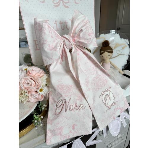 Monogrammed Pink Toile Baby Bow Sash: Newborn Photo Prop