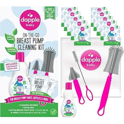 Dapple Breast Pump Cleaning Kit, 3 Baby Bottle Cleaning Brushes, Hypoallergenic & Powered by Plants, Removes Milk Residue, Leaves No Taste, 3oz Soap, 10ct Wipes 3 Cleaning Brushes